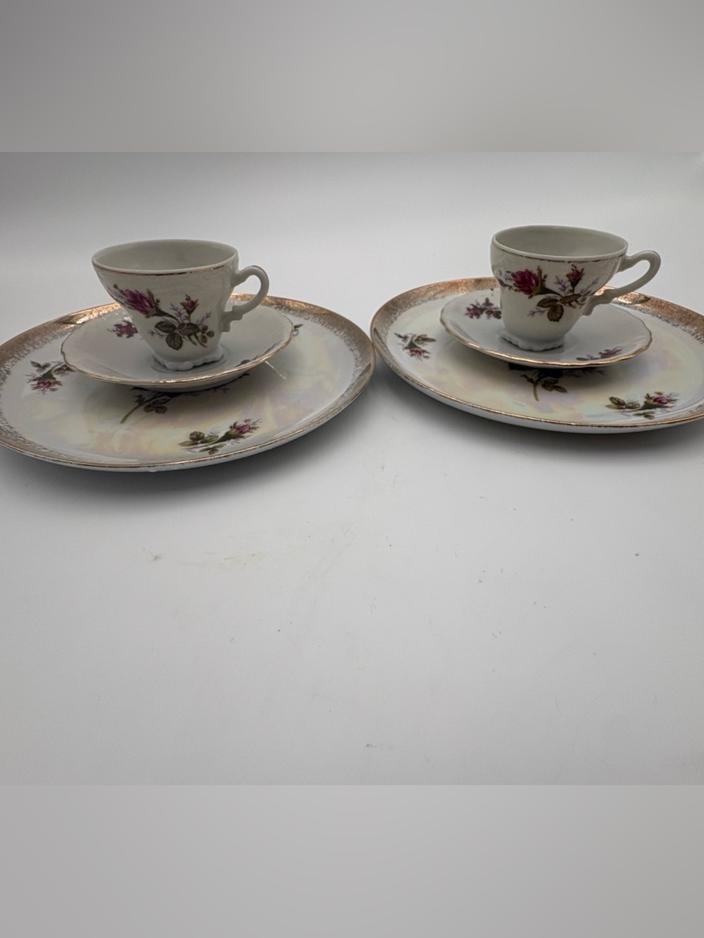 Vintage Floral Porcelain Tea Cup, Saucer, and Cake Plate Set - Picture 4 of 16